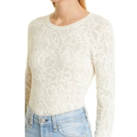 Rag & Bone Perry Lace Top Long Sleeve Semi Sheer Floral Jacquard Sweater White - Picture 5 of 16
